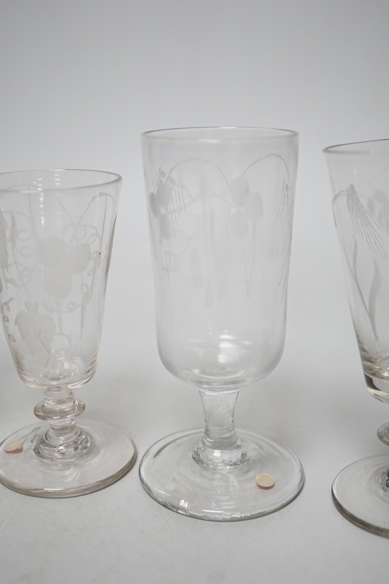 Six Georgian ale glasses, four with wheel engraved bowls. Tallest 15cm